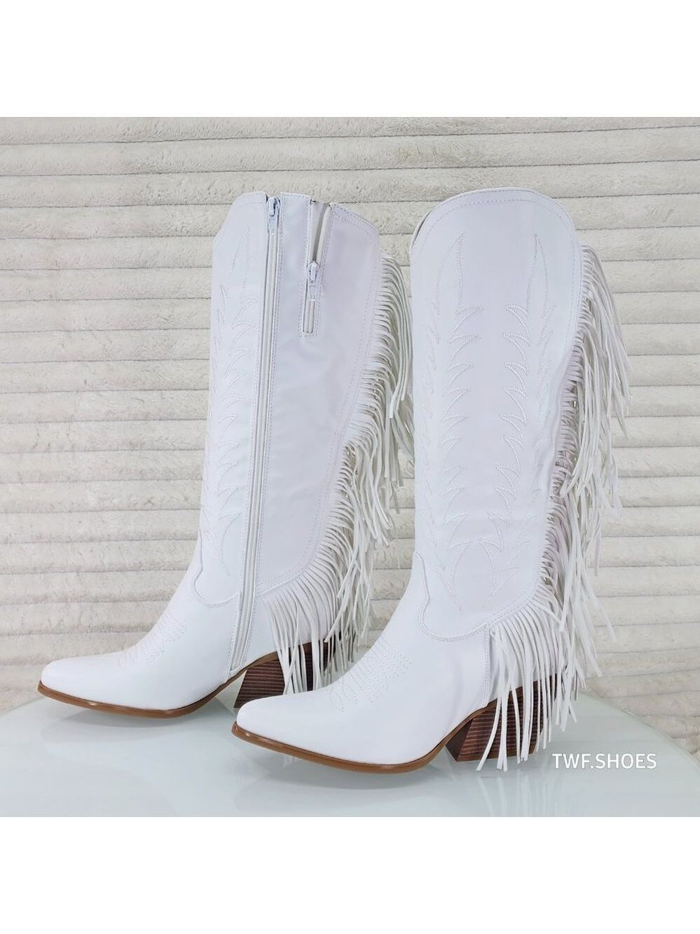 Dusty Roads Bright White Back Fringe Cowboy Western Cowgirl Boots Tuck Zipper - Picture 6 of 13
